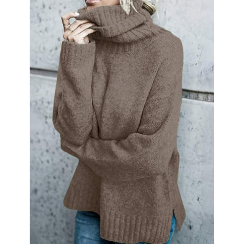 Dame Turtleneck Genser - Myk Strikk - Oversized Passform - Lange Ermer - Side Split
