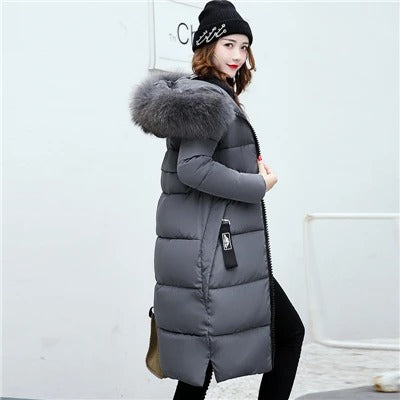 Women's Long Puffer Jacket - Padded Warm - Hood with Faux Fur - Zipper Closure