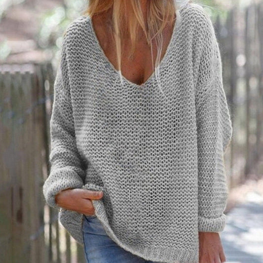 Women's Knitted Sweater - Oversized Fit - Deep V-neck - Soft and Warm Knit