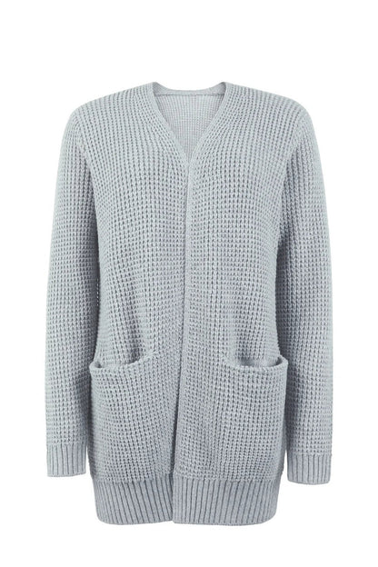 Women's Cardigan - Knitted Waffle-Knit - Open Front - With Pockets - Long-Sleeved Comfort