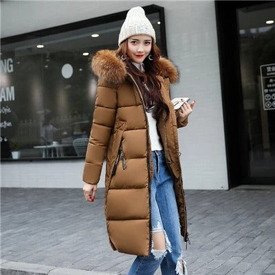Women's Long Puffer Jacket - Padded Warm - Hood with Faux Fur - Zipper Closure