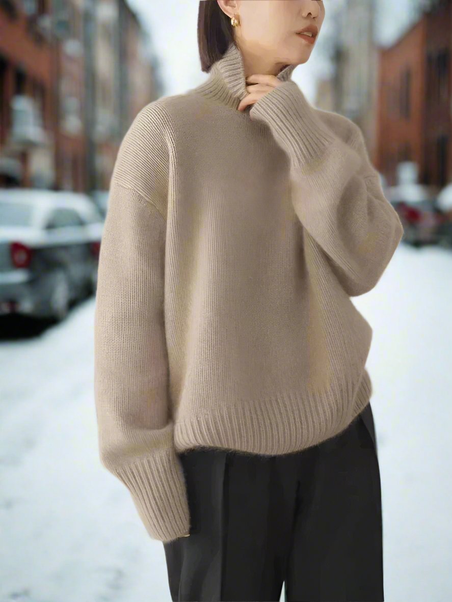 Dame Oversized Høyhalset Genser – Myk Ullblanding – Avslappet Passform – Lange Ermer