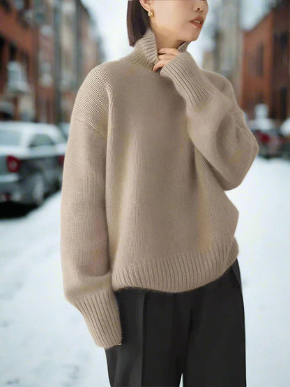 Dame Oversized Høyhalset Genser – Myk Ullblanding – Avslappet Passform – Lange Ermer