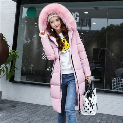 Women's Long Puffer Jacket - Padded Warm - Hood with Faux Fur - Zipper Closure