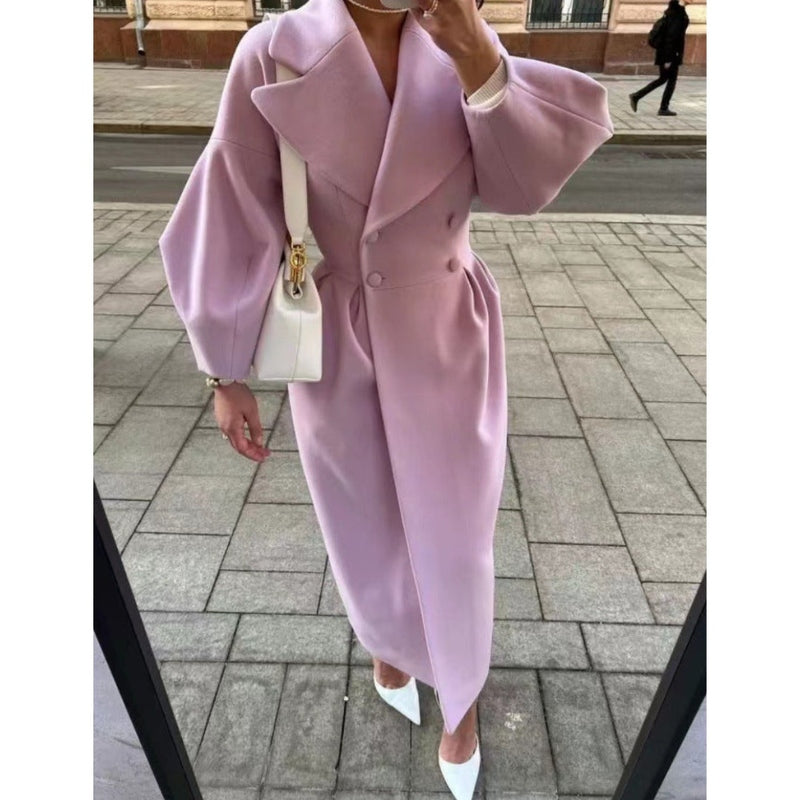 Coat for Women - Long Wool Blend - Double-Breasted with Belt - Elegant Puff Sleeves