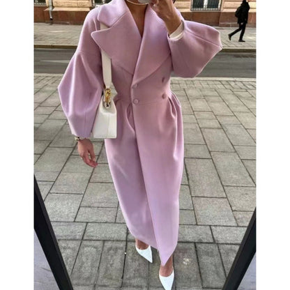 Coat for Women - Long Wool Blend - Double-Breasted with Belt - Elegant Puff Sleeves
