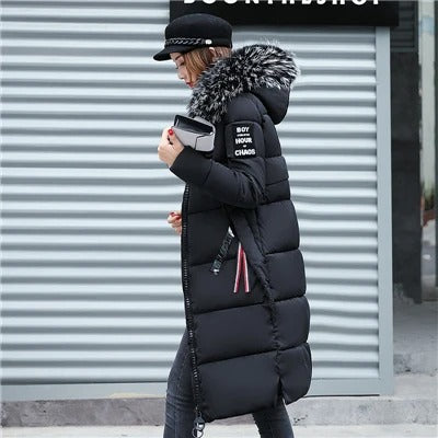 Women's Long Puffer Jacket - Padded Warm - Hood with Faux Fur - Zipper Closure