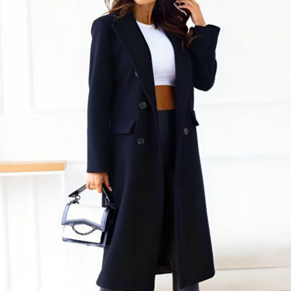 Coat for Women - Long Double-Breasted Wool Blend - Classic Cut with Lapels and Flap Pockets