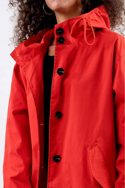 Women's Raincoat - Knee-Length - Adjustable Hood - Button Closure - Comfortable Fit