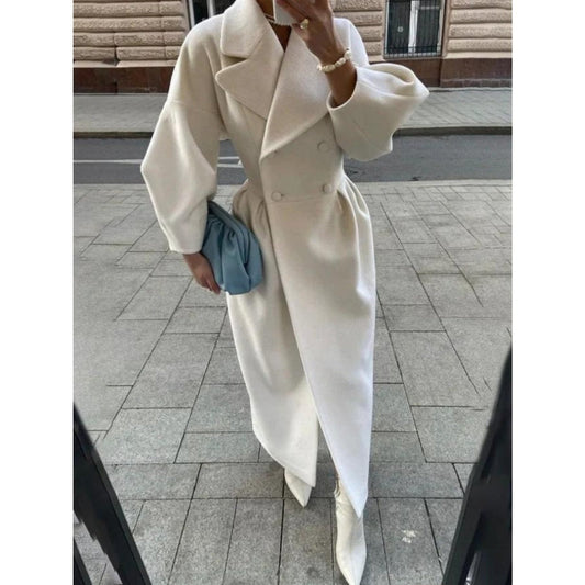 Coat for Women - Long Wool Blend - Double-Breasted with Belt - Elegant Puff Sleeves
