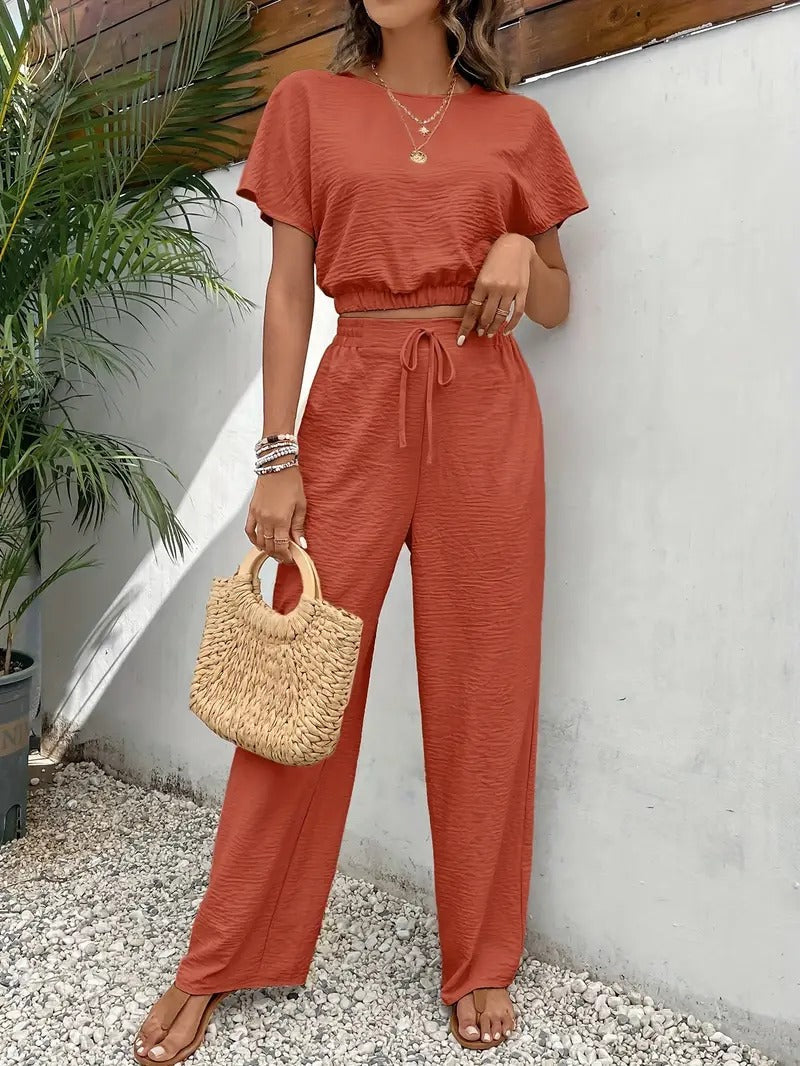 Women's Two-Piece Set – Relaxed Crop Top – Wide Pants – Breathable Natural Fibers