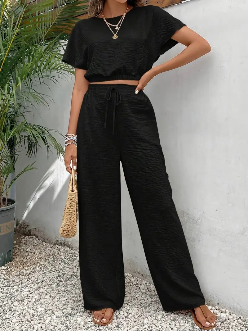 Women's Two-Piece Set – Relaxed Crop Top – Wide Pants – Breathable Natural Fibers