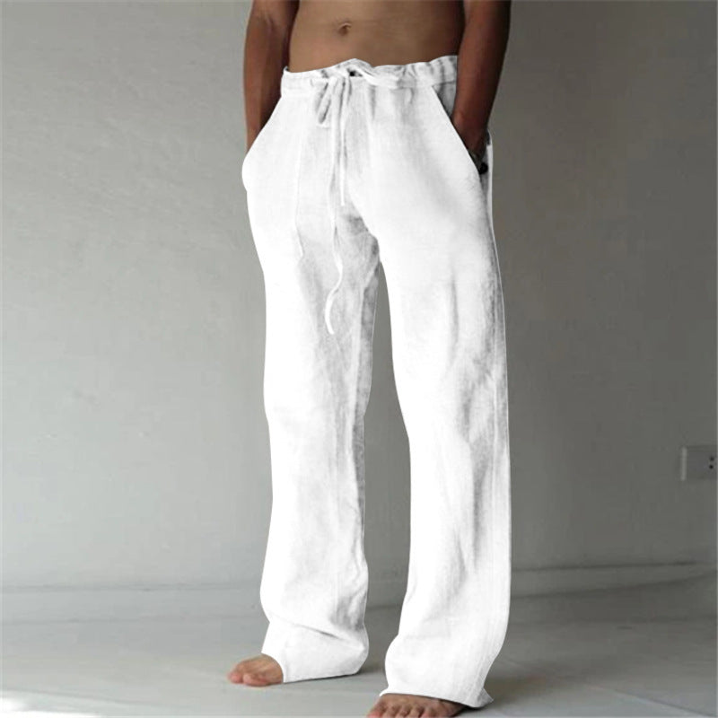 Men's Loose-Fit Pants - Cotton/Linen - Elastic Waist with Drawstring - Casual Comfort