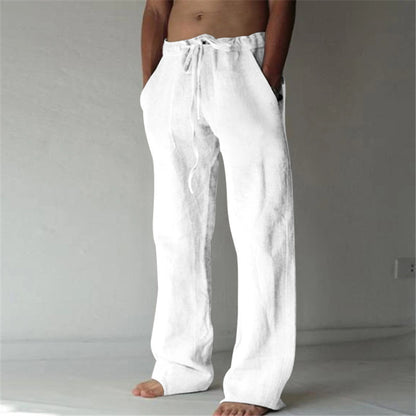 Men's Loose-Fit Pants - Cotton/Linen - Elastic Waist with Drawstring - Casual Comfort