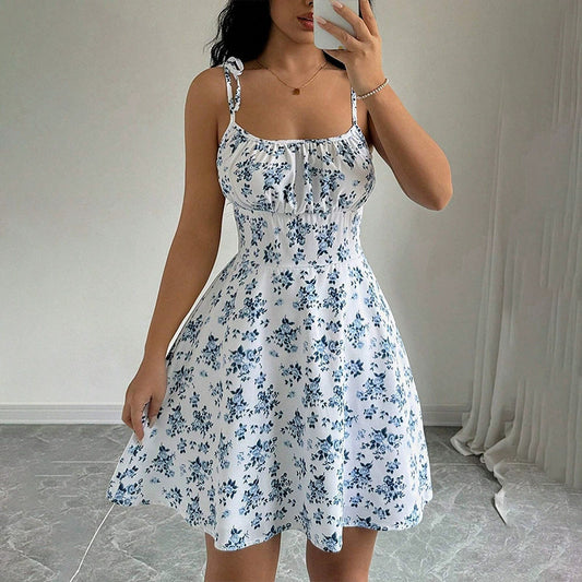 Women's Dress - Smocked Bodice - A-line Shape - Floral Pattern