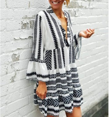 Mini Dress for Women - Bohemian Style - Bell Sleeves - Geometric Pattern