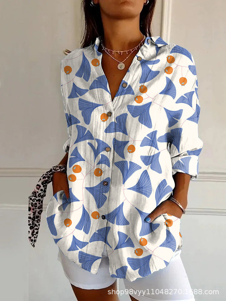 Women's Printed Blouse – Loose Fit – Button Front – Long Sleeves – Lightweight Fabric