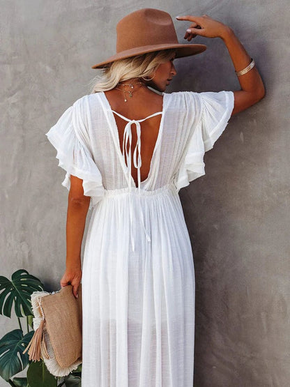 Women's Maxi Dress – Cotton Blend – Loose Fit – V-Neck – Puff Sleeves – Buttons