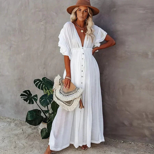 Women's Maxi Dress – Cotton Blend – Loose Fit – V-Neck – Puff Sleeves – Buttons