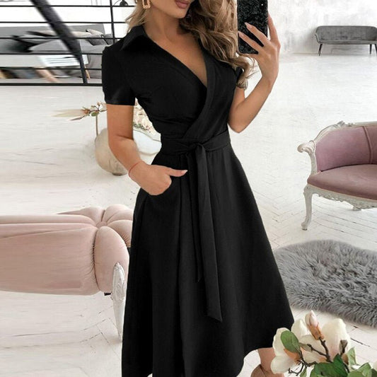 Dress woman midi – Wrap style – Tie belt – Short sleeve – Breathable fabric