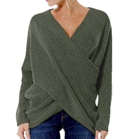 Women's Sweater – Oversized Fit – Wool Blend – V-Neck – Wrap Design – Rib Knit