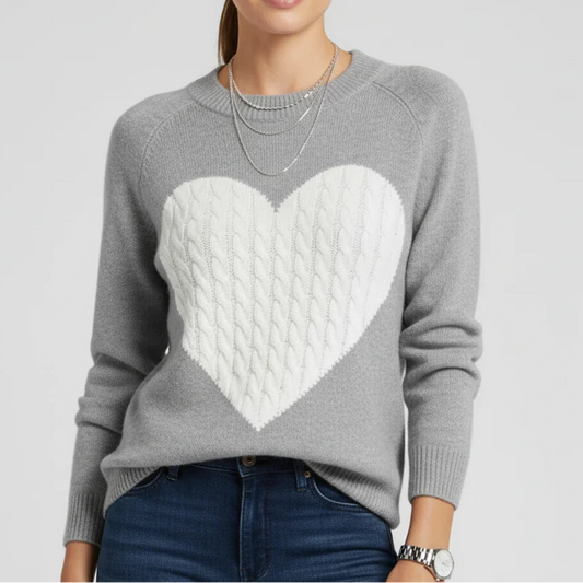 Emma Relaxed Fit Sweater | Heart Print Cable Knit Sweater