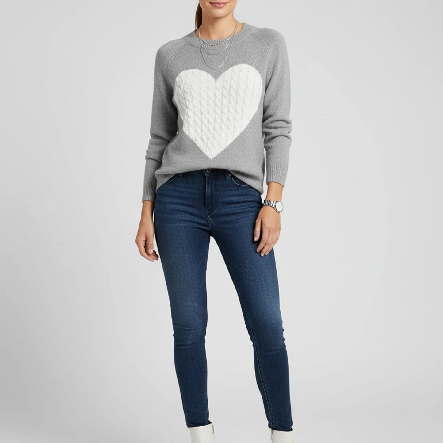 Emma Relaxed Fit Sweater | Heart Print Cable Knit Sweater