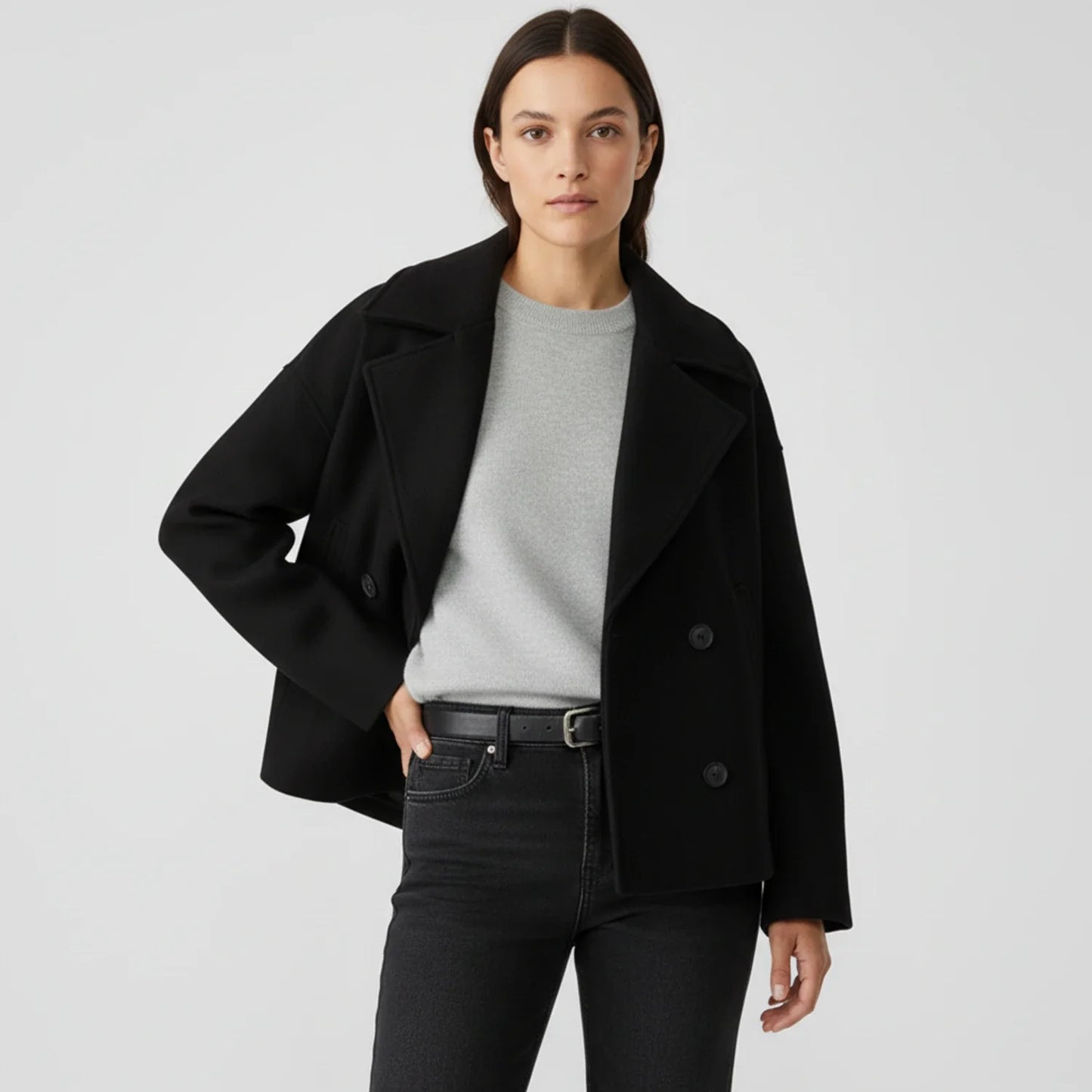 Stella Cropped Peacoat | Double-Breasted Wide Lapels Peacoat