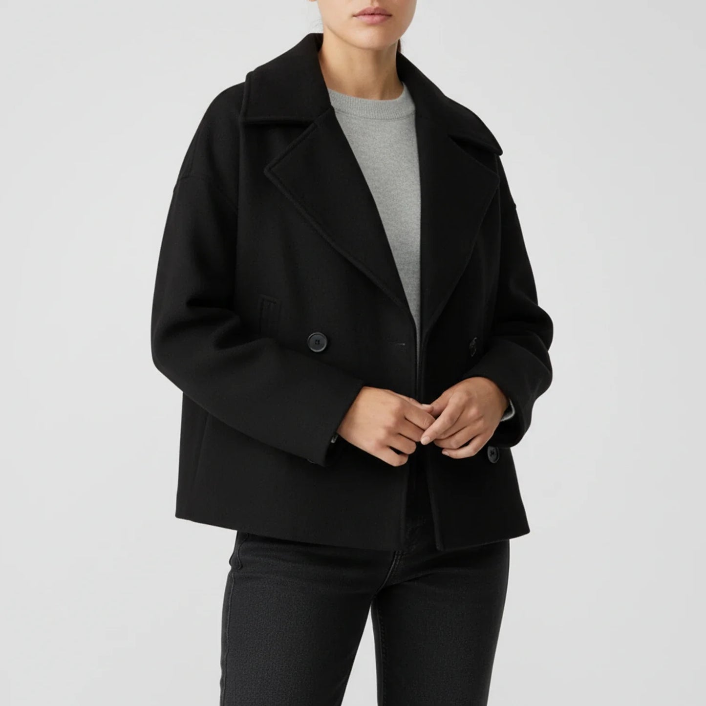 Stella Cropped Peacoat | Double-Breasted Wide Lapels Peacoat