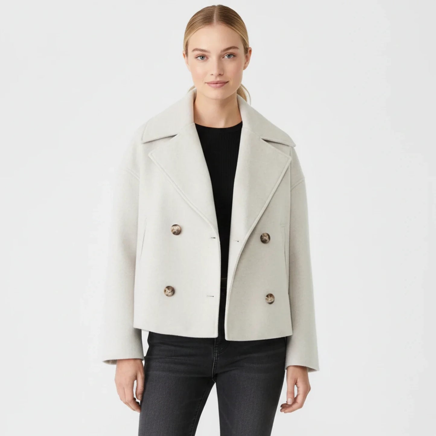 Stella Cropped Peacoat | Double-Breasted Wide Lapels Peacoat