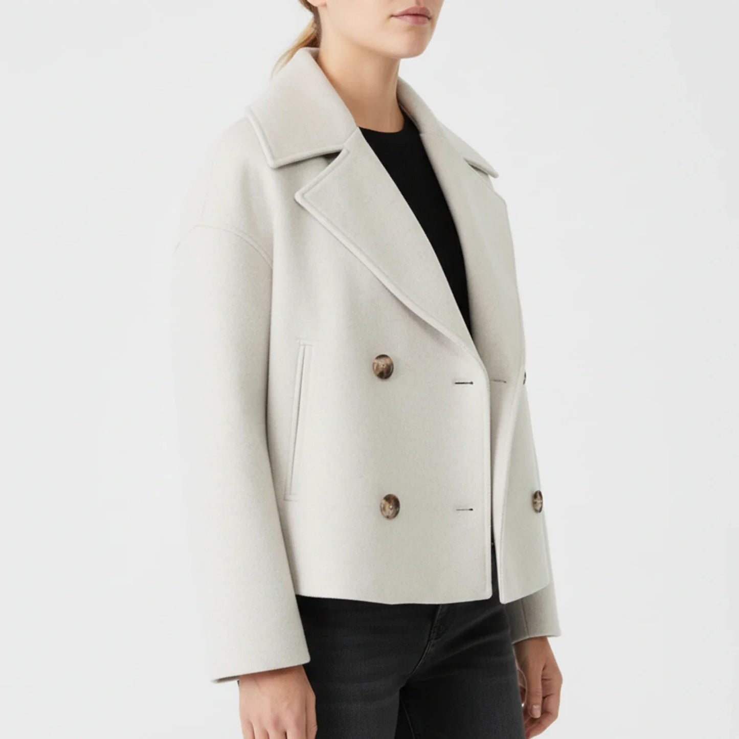 Stella Cropped Peacoat | Double-Breasted Wide Lapels Peacoat