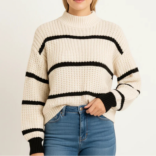 Elise Striped Sweater | Oversized Crew Neck Knitwear
