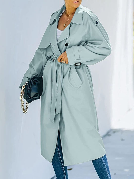 Women's Trench Coat - Classic Cut - Knee-Length - Double-Breasted with Belt - Elegant Details