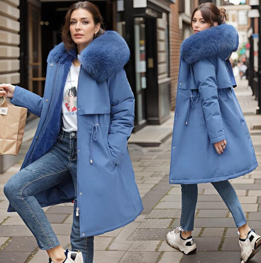 Women’s Winter Coat - Quilted Shell - Hooded - Faux Fur Trim - Knee Length