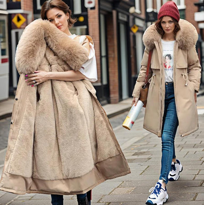 Women’s Winter Coat - Quilted Shell - Hooded - Faux Fur Trim - Knee Length