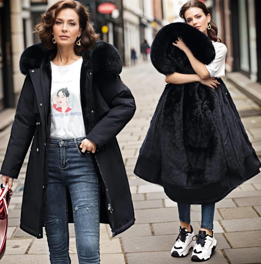 Women’s Winter Coat - Quilted Shell - Hooded - Faux Fur Trim - Knee Length