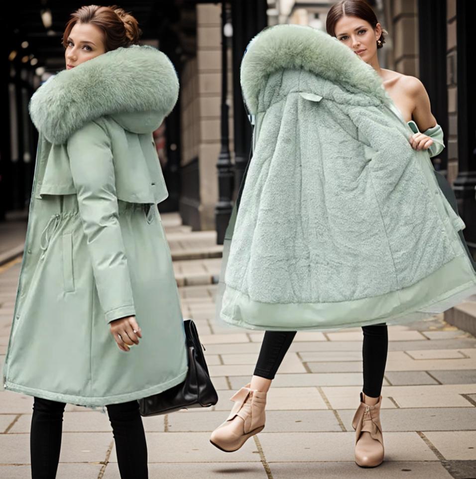 Women’s Winter Coat - Quilted Shell - Hooded - Faux Fur Trim - Knee Length