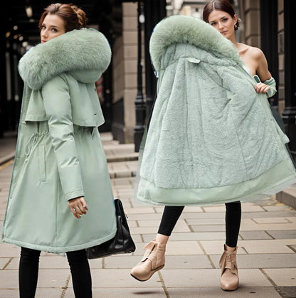 Women’s Winter Coat - Quilted Shell - Hooded - Faux Fur Trim - Knee Length