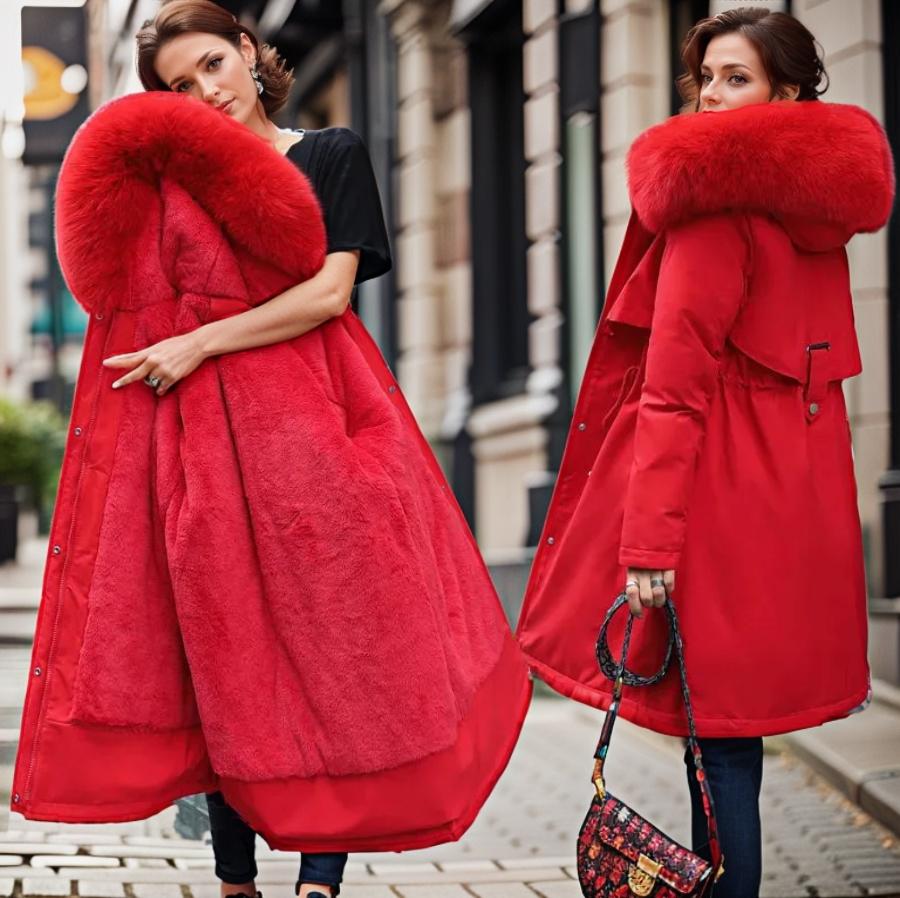 Women’s Winter Coat - Quilted Shell - Hooded - Faux Fur Trim - Knee Length