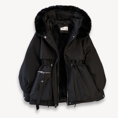 Women’s Parka Jacket - Faux Fur Lining - Adjustable Drawstring Waist - Hip Length