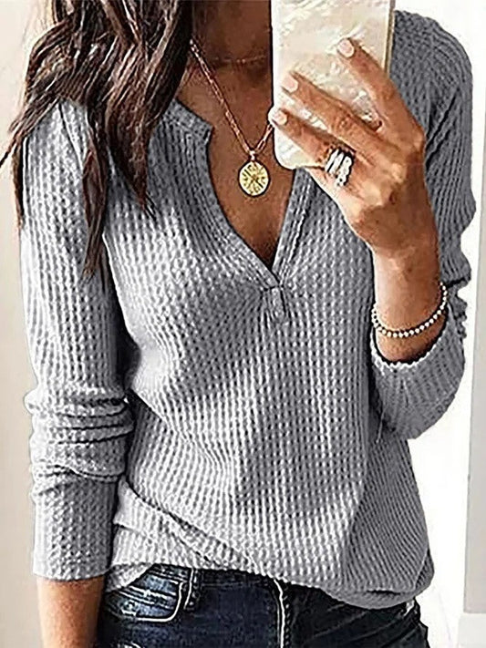 Women's Sweater – Relaxed Fit – Soft Waffle Knit – V-neck with Long Sleeves