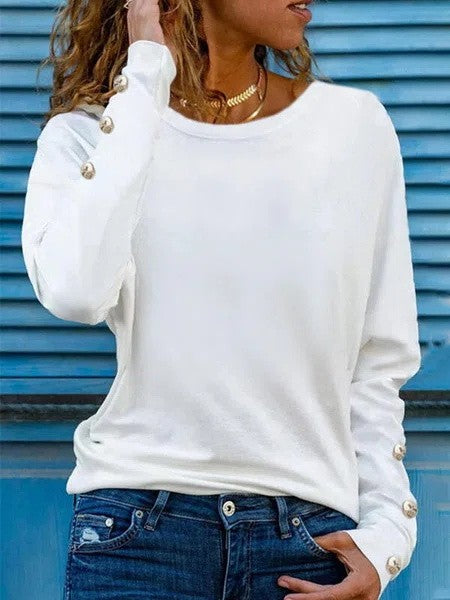 Women's T-shirt – Soft Knit – Relaxed Fit – Long Sleeves – Button Details