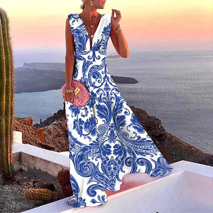 Women's Maxi Dress – Flowy Fit – Sleeveless – Deep V-Neck – Breathable Fabric – Floral Print