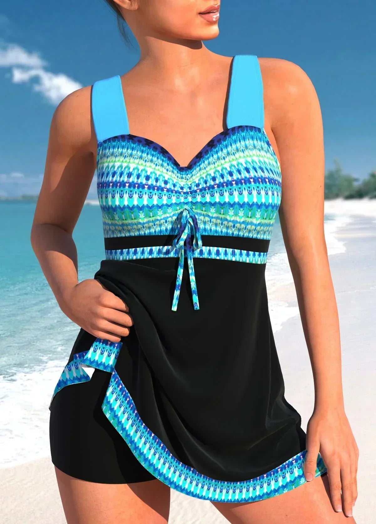 Women's Tankini Set – Slim Fit – Breathable Stretch – Bust Knot – Patterned Design