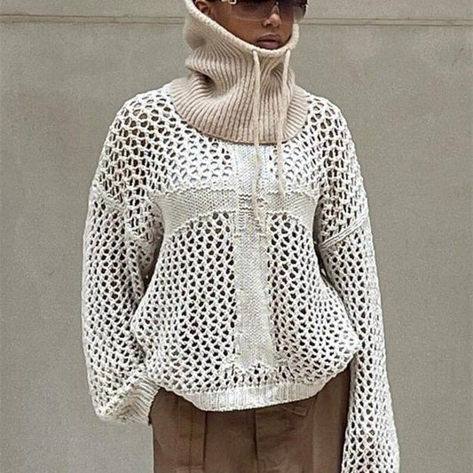 Women's Sweater – Oversized Fit – Open Knit – High Neck with Lacing – Casual Look