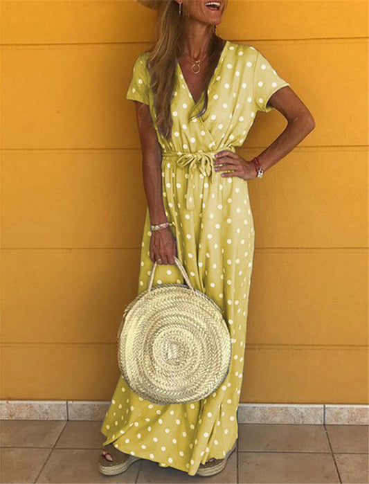 Women's Wrap Dress - Maxi Length - V-Neck - Tie Belt - Polka Dots - Short Sleeves
