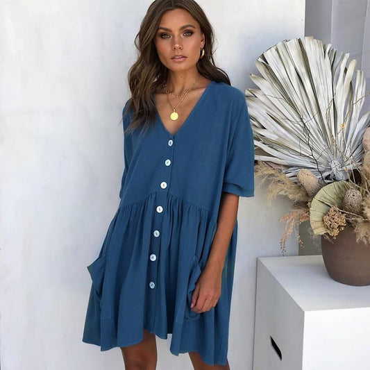 Women's Dress - Comfortable A-Line Fit - V-Neck - Short Sleeves - Button Details - With Pockets