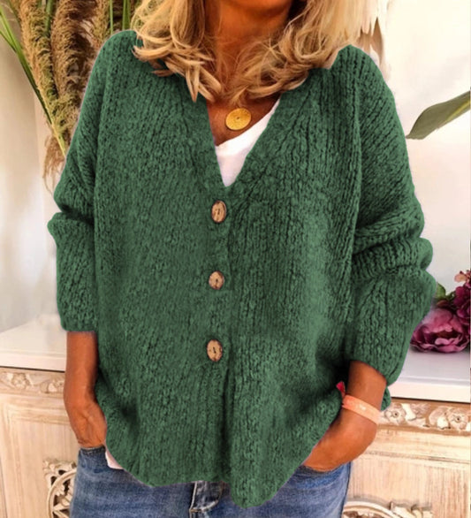 Dame Cardigan – Chunky Strikk – Oversized Passform – V-hals med Knapper – Langermet