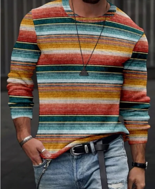 Men's Sweater – Knitted Crew Neck – Long-Sleeved – Relaxed Fit – Stripe Pattern