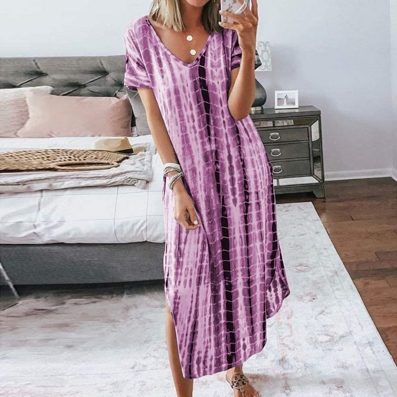 Women's Maxi Dress - Loose Fit - V-Neck - Short Sleeves - Trendy Tie-Dye Pattern